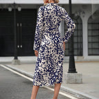 Women's Elegant V-Neck Belted Slit Dress With Leopard Print & Button Details Comfortable Spring & Fall Blend
