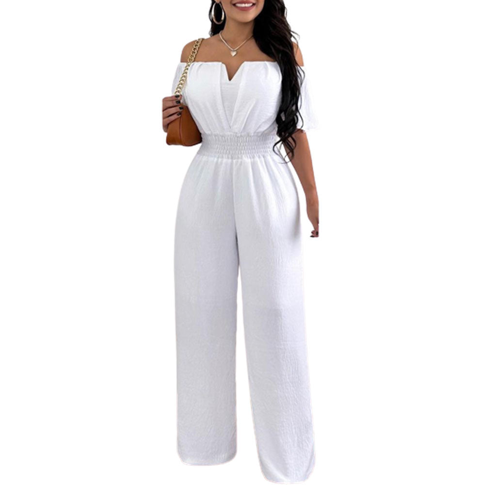 Women's white off-neck smocked waist jumpsuit with wide straight-leg pants
