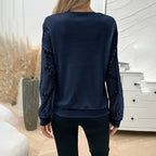 Elegant Women's Sunflower Embroidered Guipure Lace  V-Neck Tee - Breathable Long Sleeve Blouse