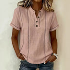 Summer Striped Short-Sleeve Shirts Casual Stand-Collar V-neck Button Blouse Womens Clothing(New)