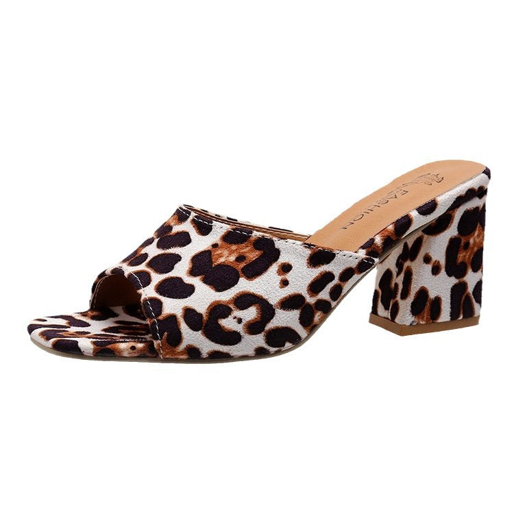 Leopard print heeled mules with square toe and block heel, tan and dark spots