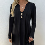 Women's Fashionable New Button Flat Neck Lace Border Pleated Dress