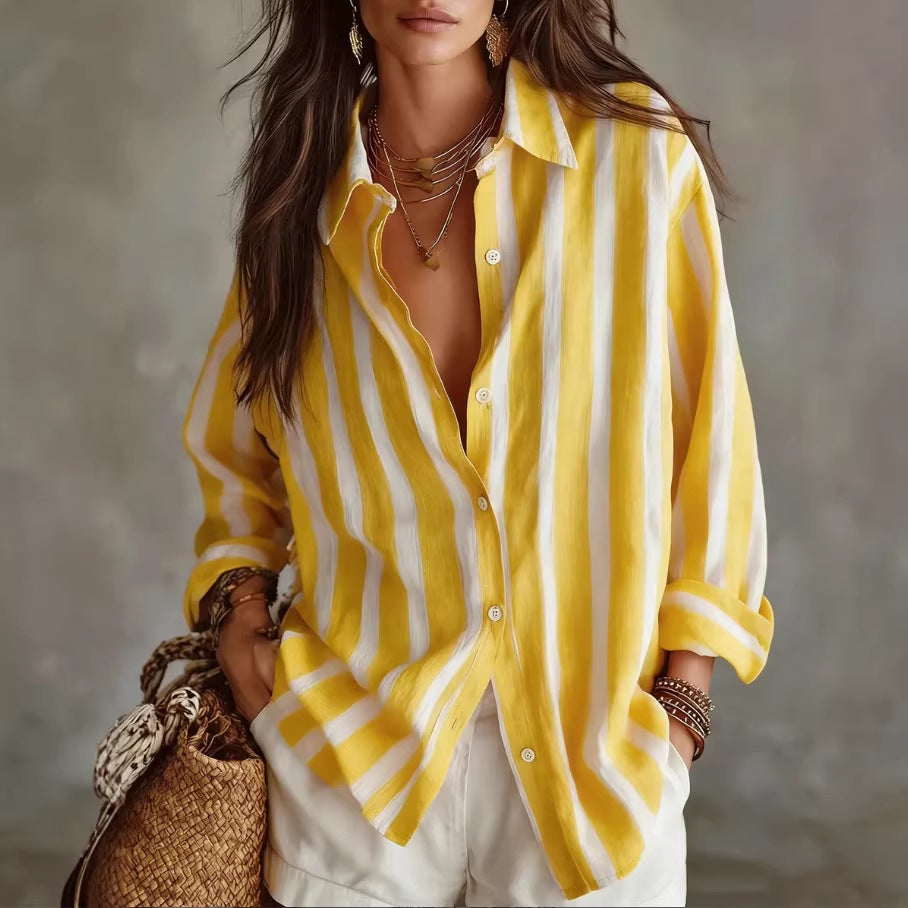 Oversized button-up shirt, yellow and white vertical stripes, relaxed collar, front buttons