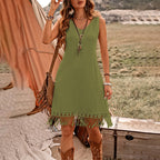 Women's Elegant Solid Color Boho Dress - V-Neck Fringe Detail Sleeveless Summer Dress