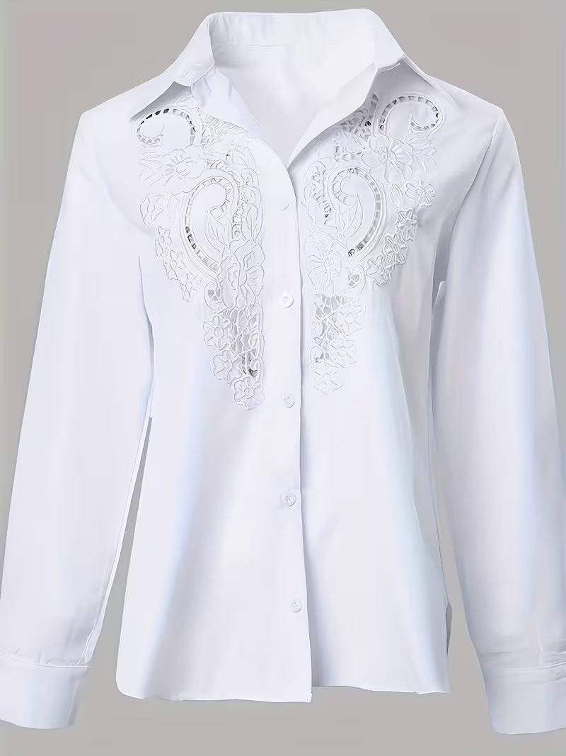 White plus size long-sleeve button-up shirt with ornate lace panel embroidery