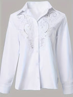 White plus size long-sleeve button-up shirt with ornate lace panel embroidery
