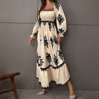 Elegant Women's Retro Geometric Print Lantern Sleeve Dress - Square Neck A-Line With Elastic Cuffs, Casual & Formal Dress