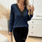 Elegant Women's Sunflower Embroidered Guipure Lace  V-Neck Tee - Breathable Long Sleeve Blouse