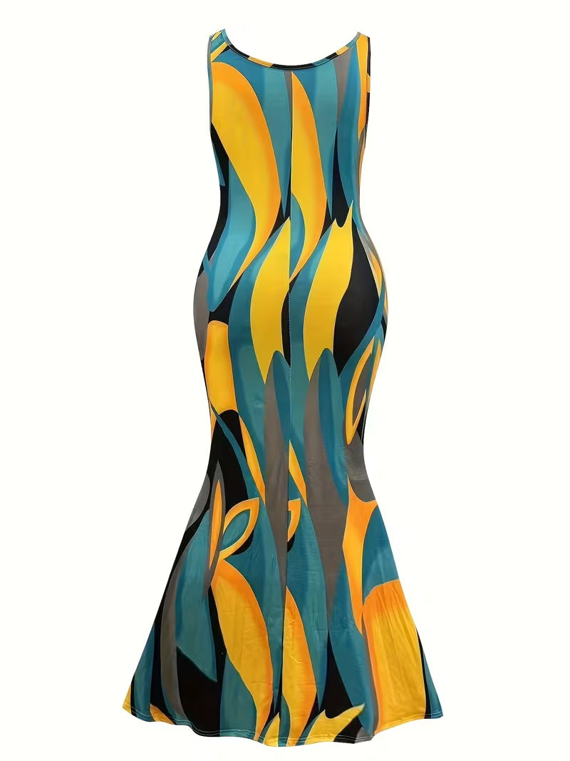 Sleeveless maxi dress with round neck, abstract swirl color-block print, A-line fit