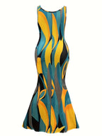 Sleeveless maxi dress with round neck, abstract swirl color-block print, A-line fit