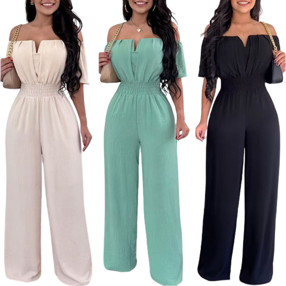 Women's off-neck smocked waist wide-leg jumpsuit in beige, teal, and navy