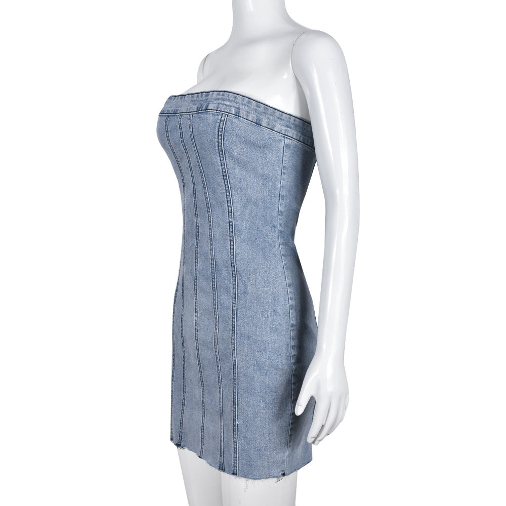 Light blue denim strapless mini dress on mannequin with vertical seam stitching