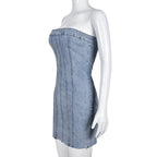 Light blue denim strapless mini dress on mannequin with vertical seam stitching