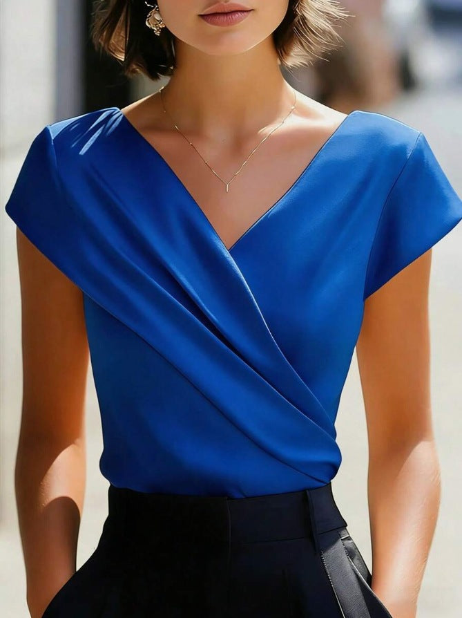 Royal blue V-neck slim-fit T-shirt with short sleeves, crossed wrap-style front