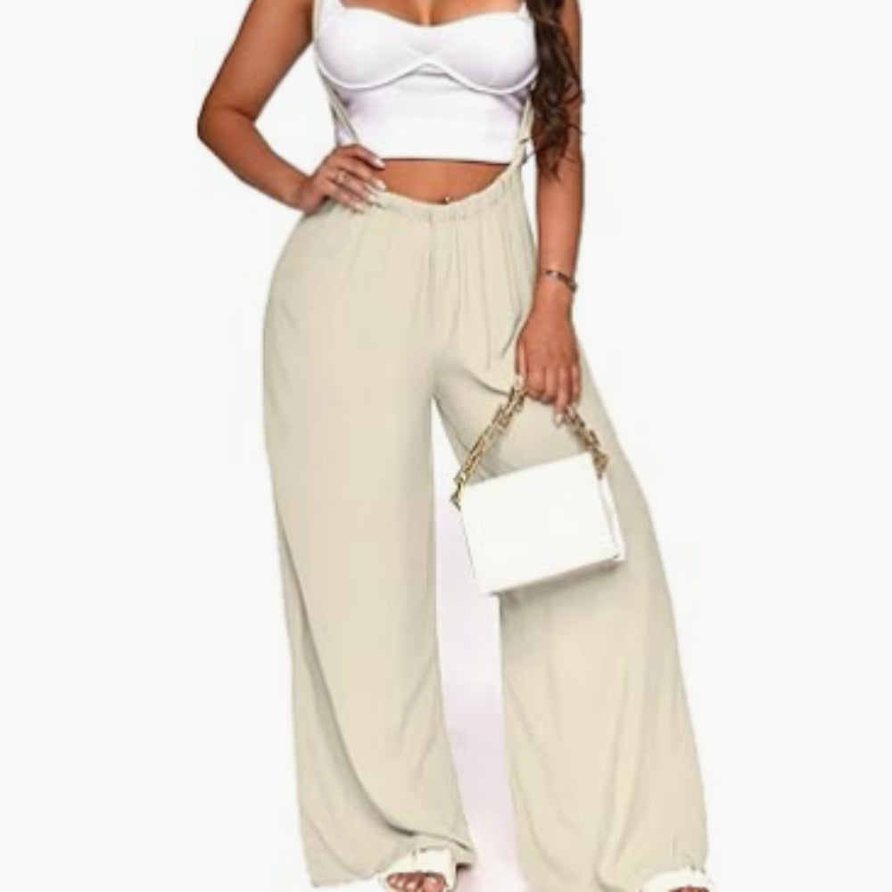 Women’s sleeveless jumpsuit in cream with wide legs, elastic waist, cropped top