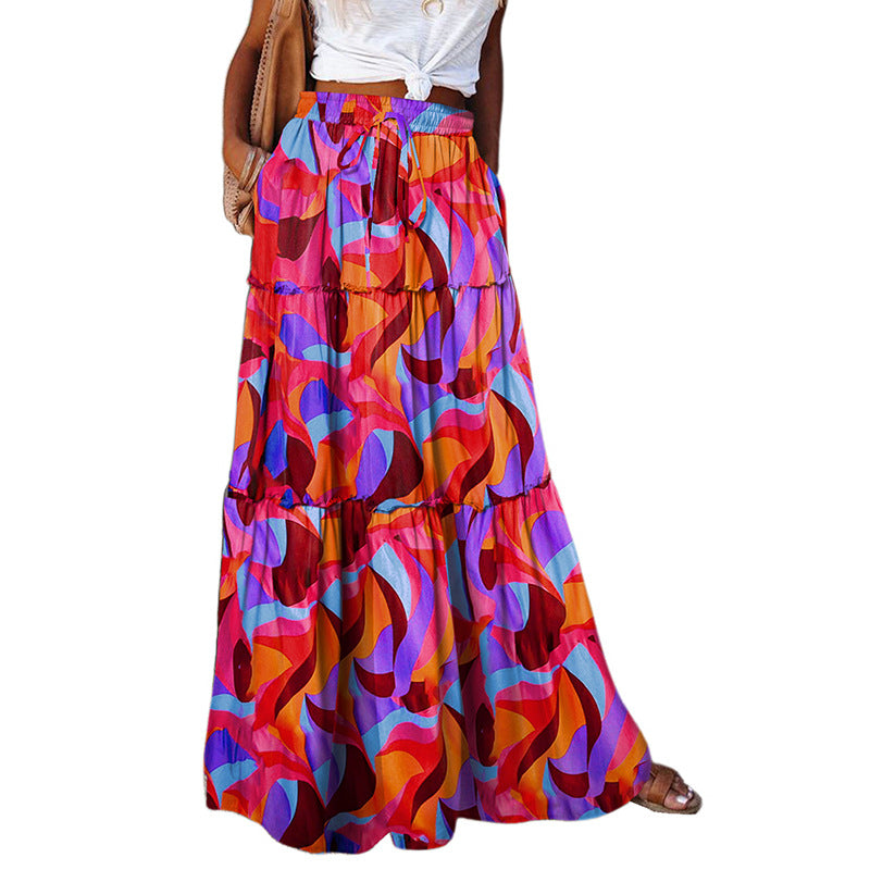 Tiered maxi dress with high waist and multicolor camo-style print in blue and orange