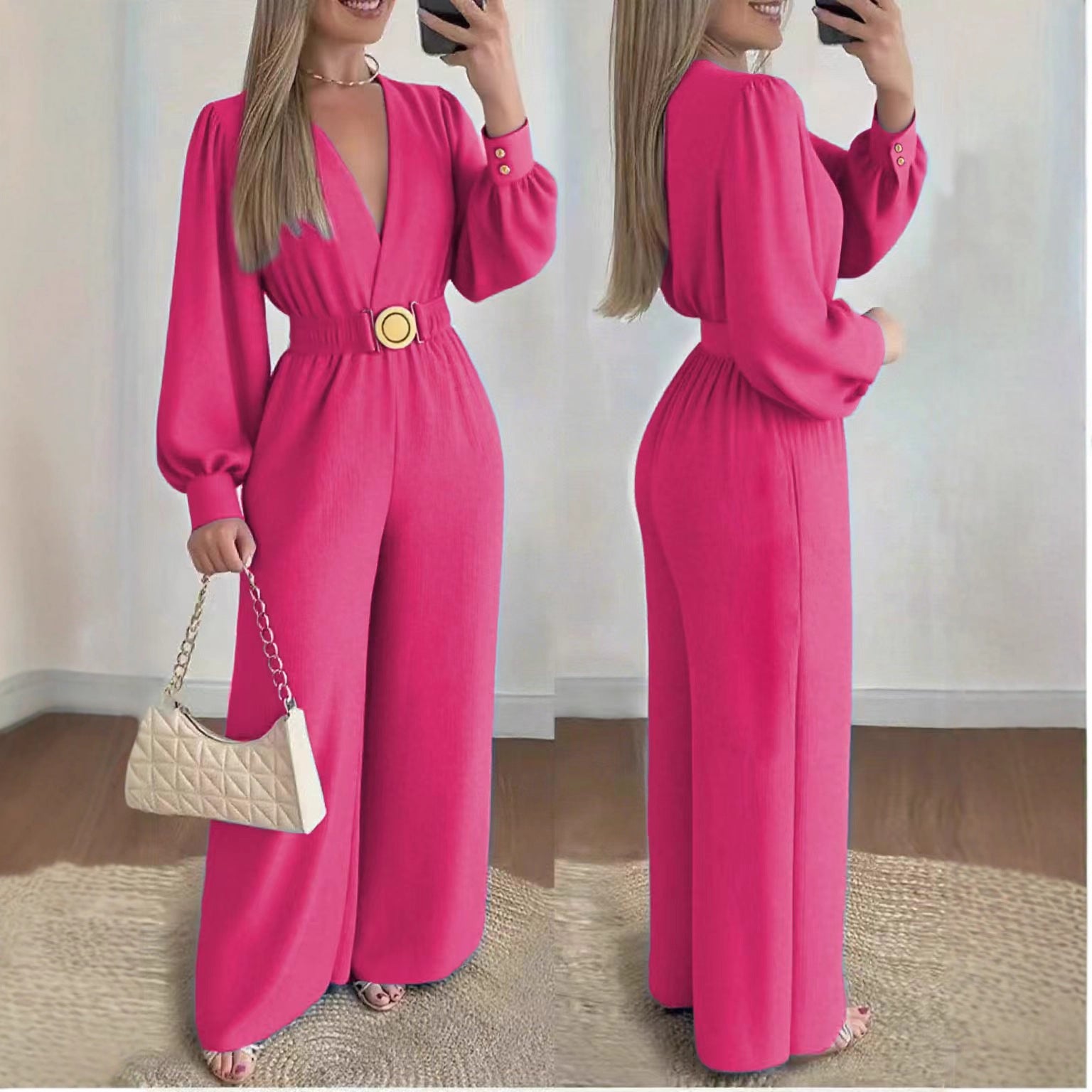 Rose pink deep V-neck slim-fit jumpsuit with long sleeves and round gold belt