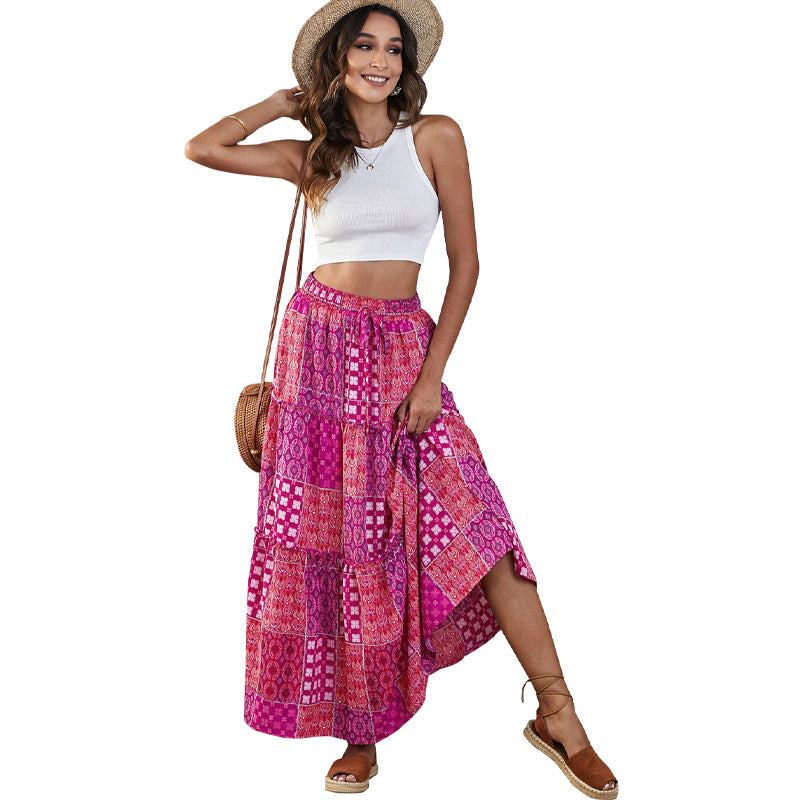 Women’s high-waist tiered maxi skirt, magenta patchwork with side slit