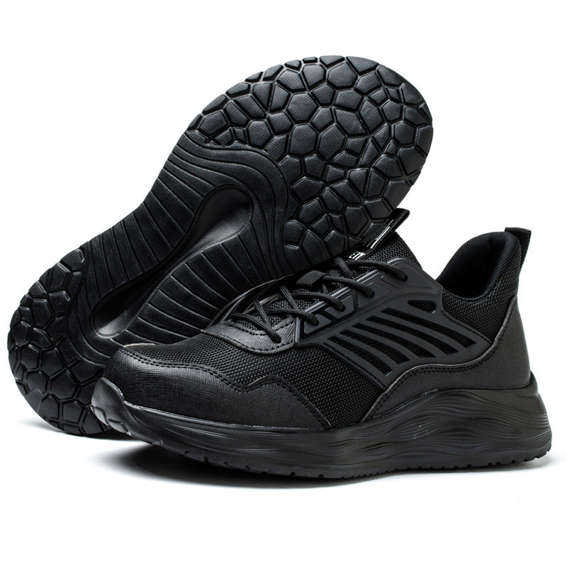 Men's puncture-resistant air work shoes, black, lace-up with textured grip tread