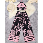 Women's 2 Piece Outfits Plants Graphic Print Crop Halter Top And Wide Leg Pants Set
