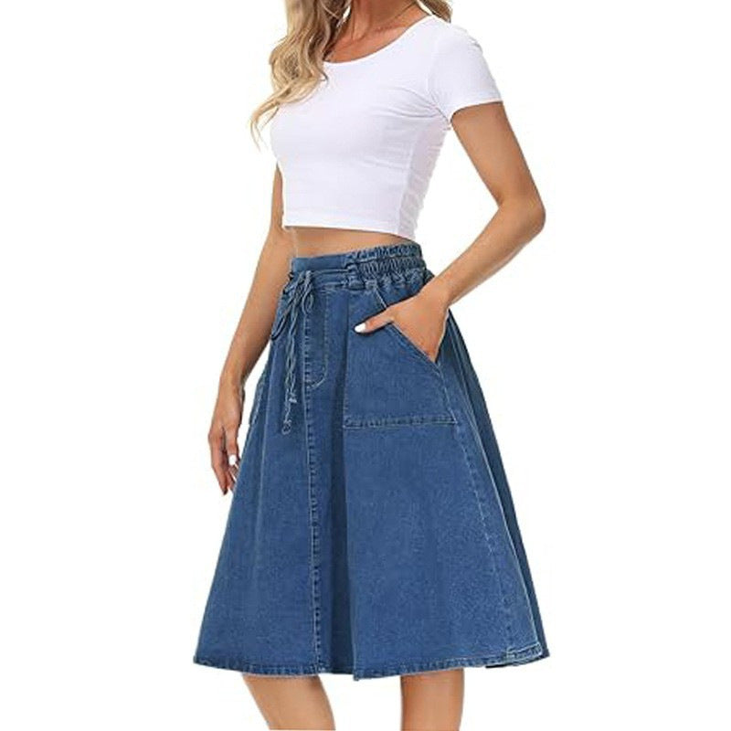 Blue denim A-line skirt with drawstring waist and front pockets