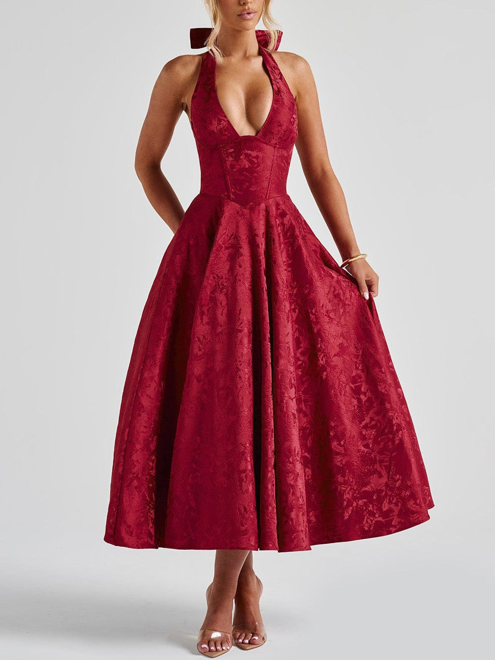 Red V-neck halter sleeveless long dress with jacquard texture and full skirt