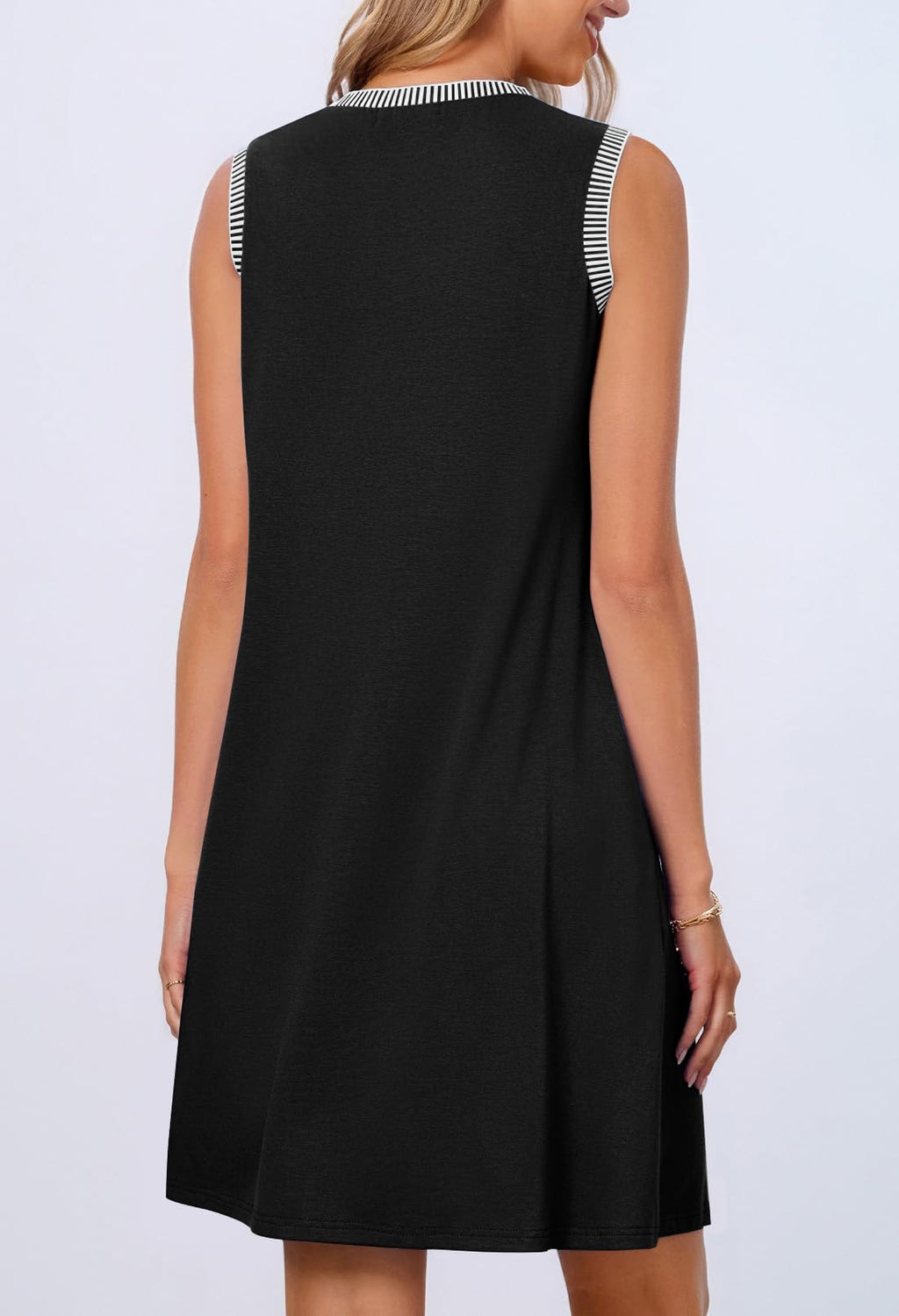 Women's black sleeveless tank dress, striped crew neckline trim on the back