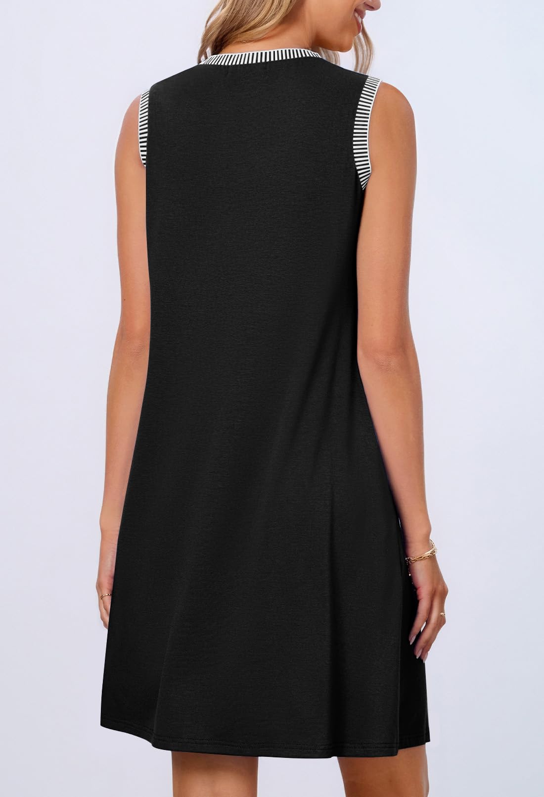 Women's black sleeveless tank dress, striped crew neckline trim on the back