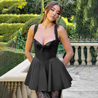 Black corset-style mini dress with lace trim straps, sweetheart neckline, flared skirt