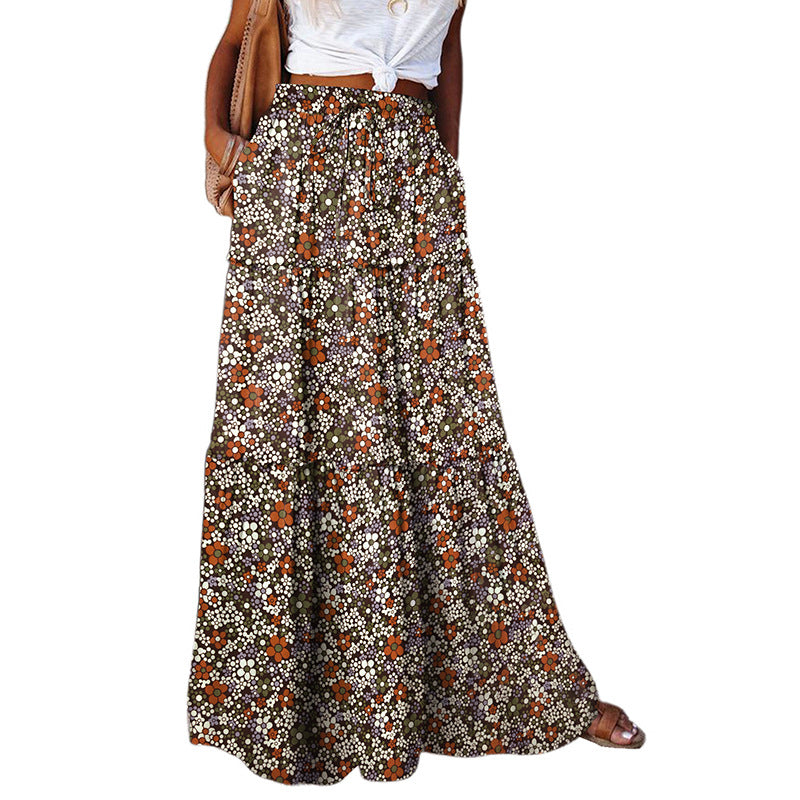 Dark floral high-waist maxi dress with gathered tiered skirt