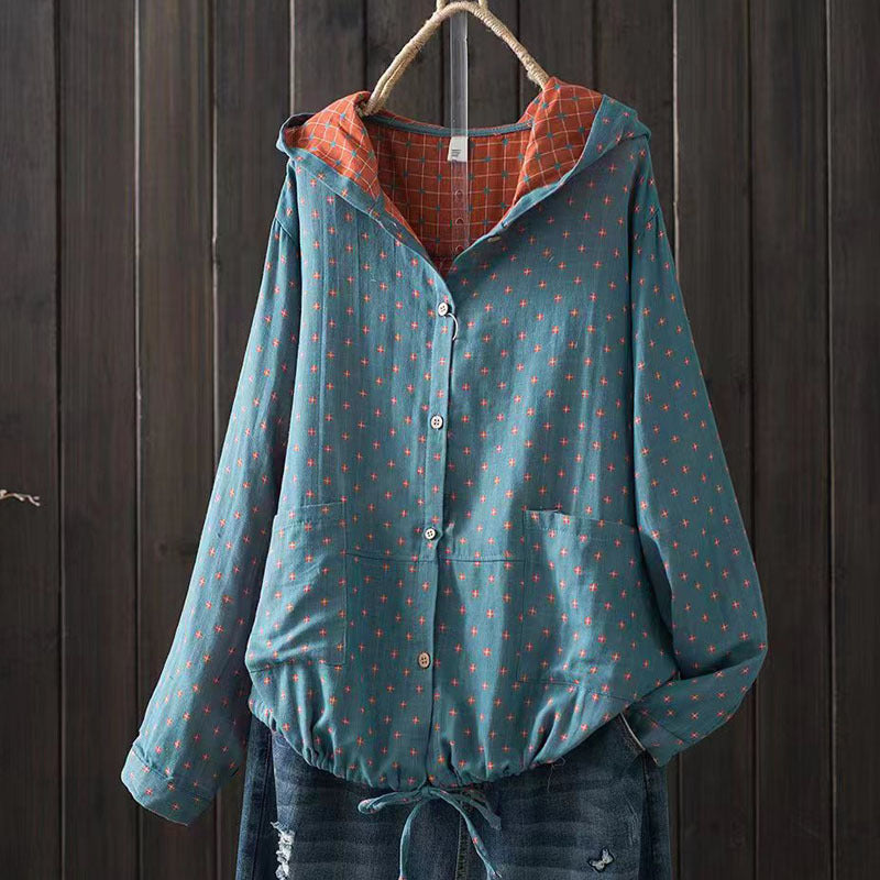 Teal hooded button-front overshirt with small pattern and front pocket