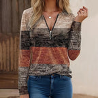 Women's Geometric Color Block V-Neck Zip Detail Long Sleeve T-Shirt - Spring&Fall Casual Slim Fit Top