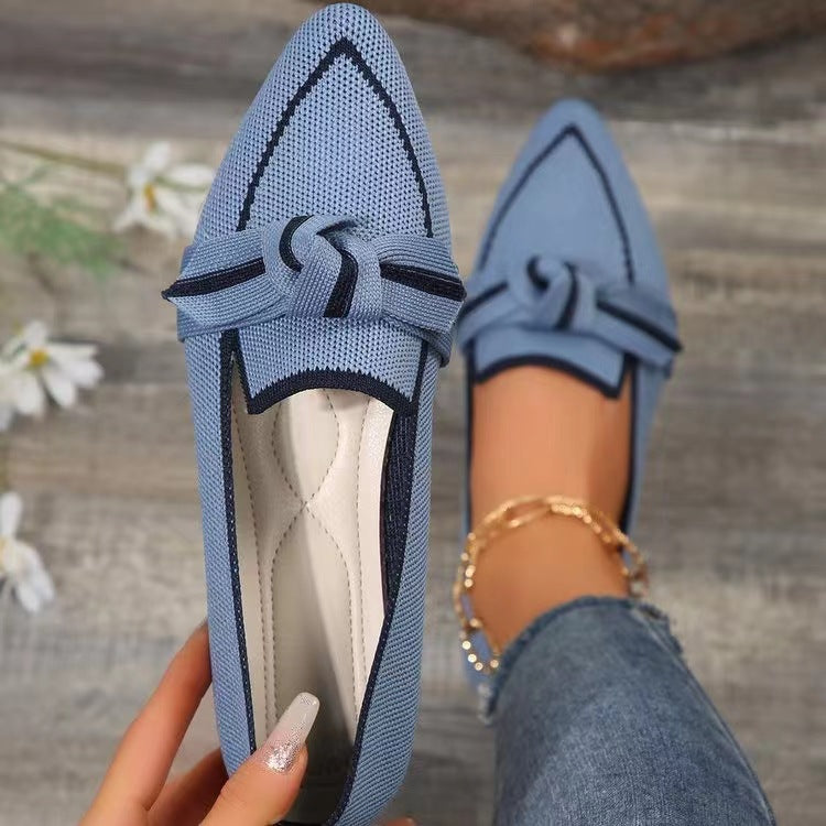 Blue woven bow pointed toe flats with navy contrast trim and knotted bow detail