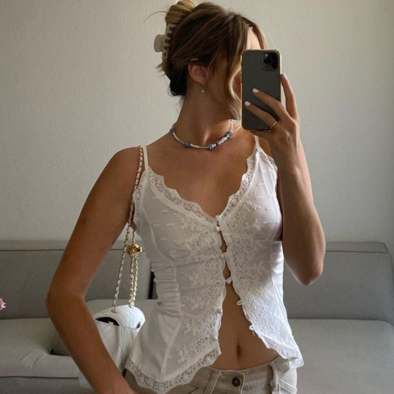 White lace V-neck camisole with button front and scalloped hem