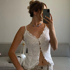 White lace V-neck camisole with button front and scalloped hem