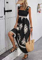 Women’s sleeveless square-neck printed dress with black damask border trim