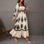Elegant Women's Retro Geometric Print Lantern Sleeve Dress - Square Neck A-Line With Elastic Cuffs, Casual & Formal Dress