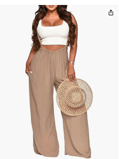 Women’s sleeveless jumpsuit in taupe with wide legs and elastic waist, cropped top