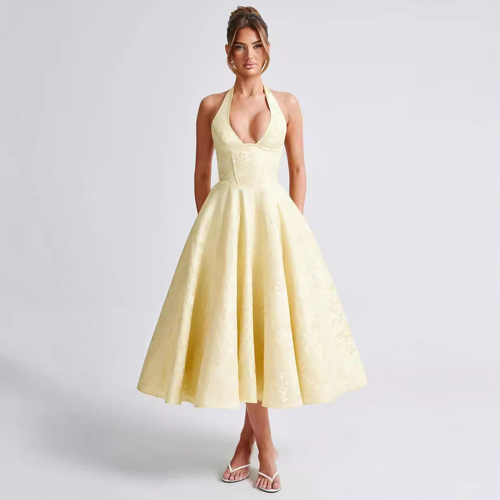 Light yellow V-neck halter sleeveless long dress with jacquard textured skirt