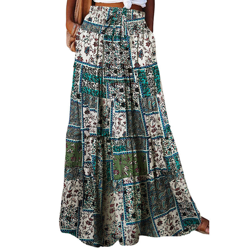 Tiered maxi dress with high waist and patchwork floral print in teal and white