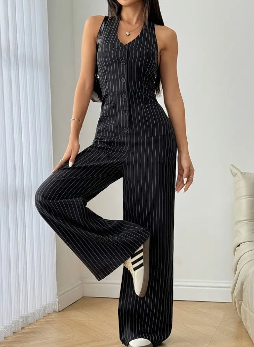Sleeveless pinstripe jumpsuit with front buttons, wide-leg pants and V-neck, dark