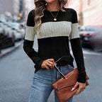 Women's Elegant Color-Block Round Neck Top - Basic Solid Color Contrast Casual Shirt For Fall&Winter