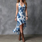 Sleeveless blue printed V-neck maxi dress with ruched bodice and layered ruffled hem