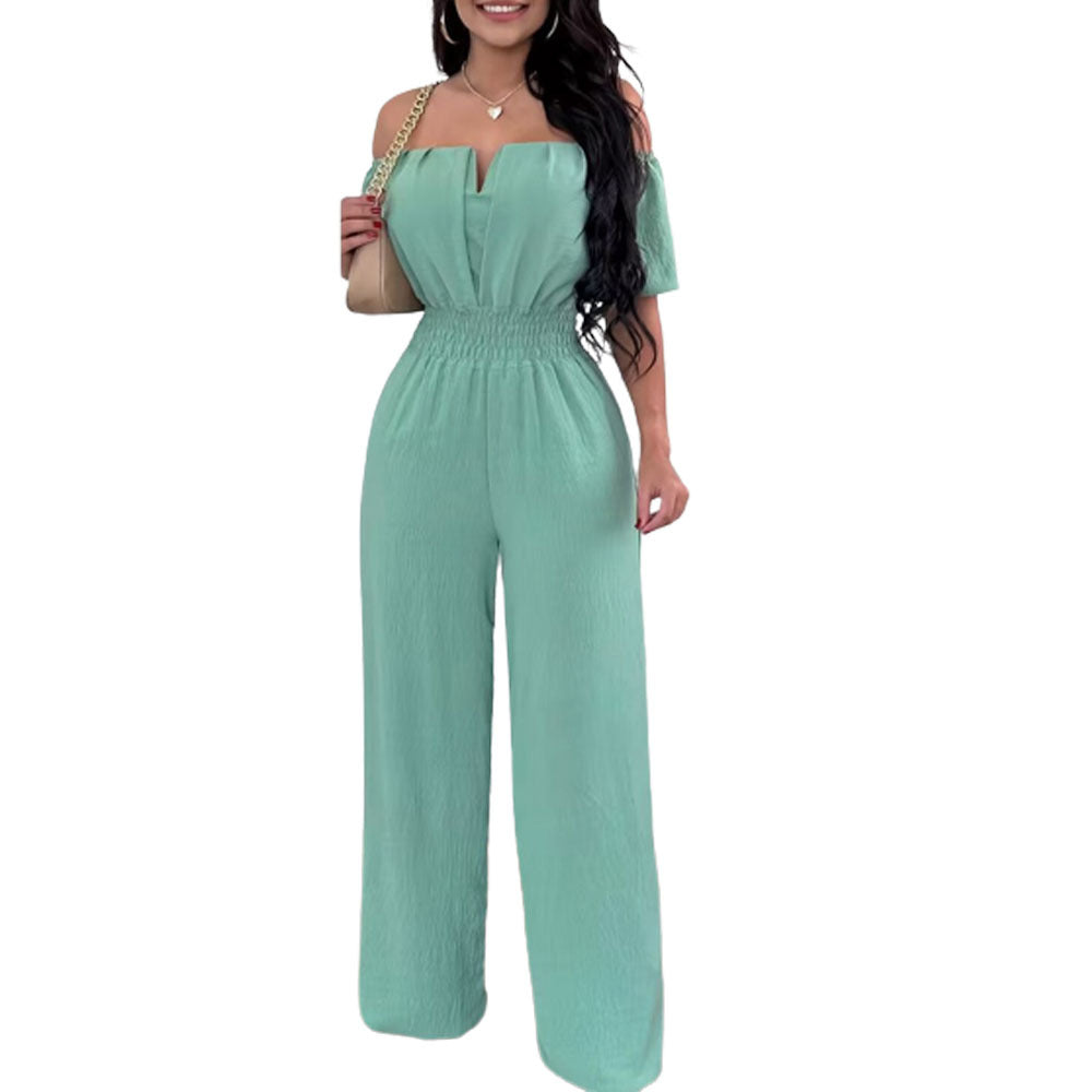Women's mint green off-neck smocked waist jumpsuit with wide straight-leg pants