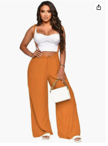 Women’s sleeveless jumpsuit in terracotta with wide legs and elastic waist, cropped top