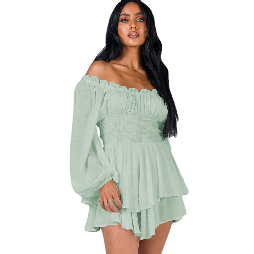 Light green off-shoulder ruffle jumpsuit with long sleeves and layered skirt tiers