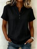 Summer Striped Short-Sleeve Shirts Casual Stand-Collar V-neck Button Blouse Womens Clothing(New)