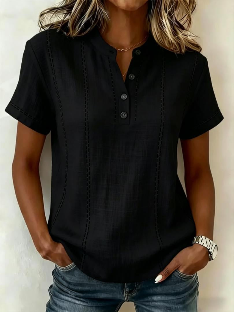 Summer Striped Short-Sleeve Shirts Casual Stand-Collar V-neck Button Blouse Womens Clothing(New)