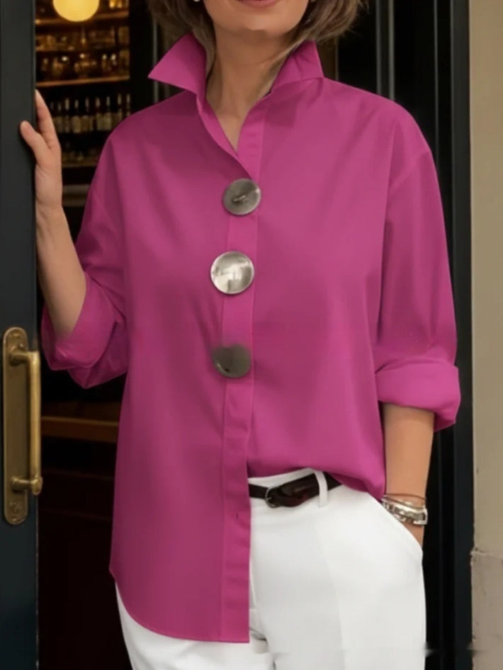 Pink stand-collar shirt with three metal buttons and 3/4 sleeves
