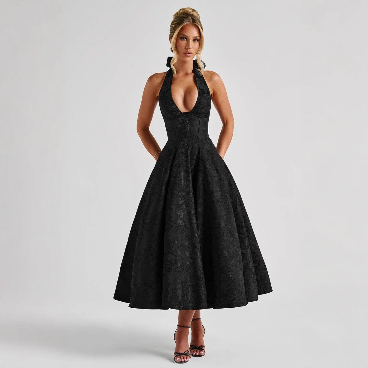 Black V-neck halter sleeveless long dress with jacquard texture and full skirt